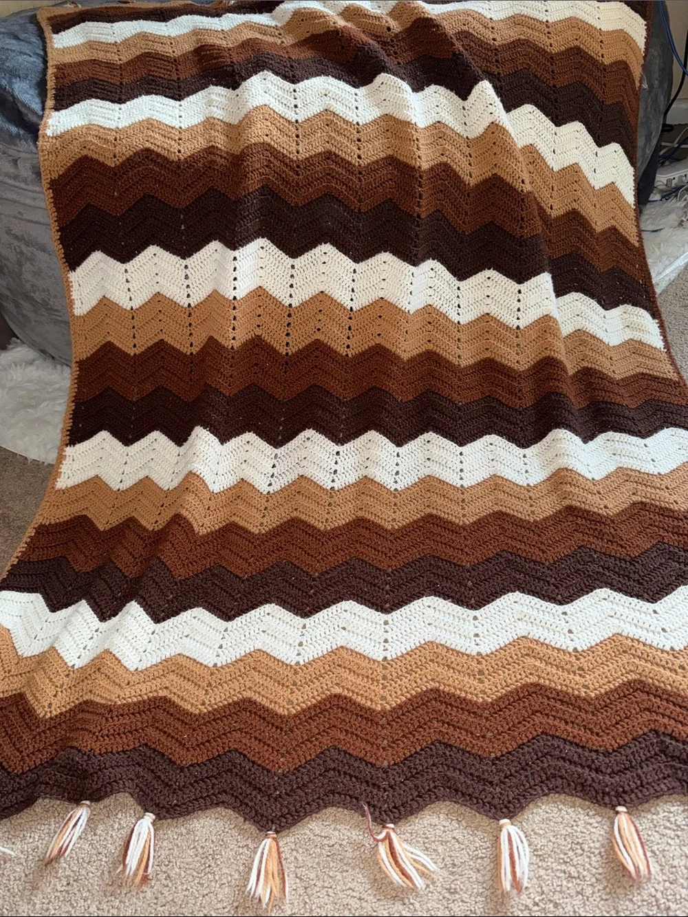Hand Crafted Brown, Tan & White Chevron Crochet Throw Blanket